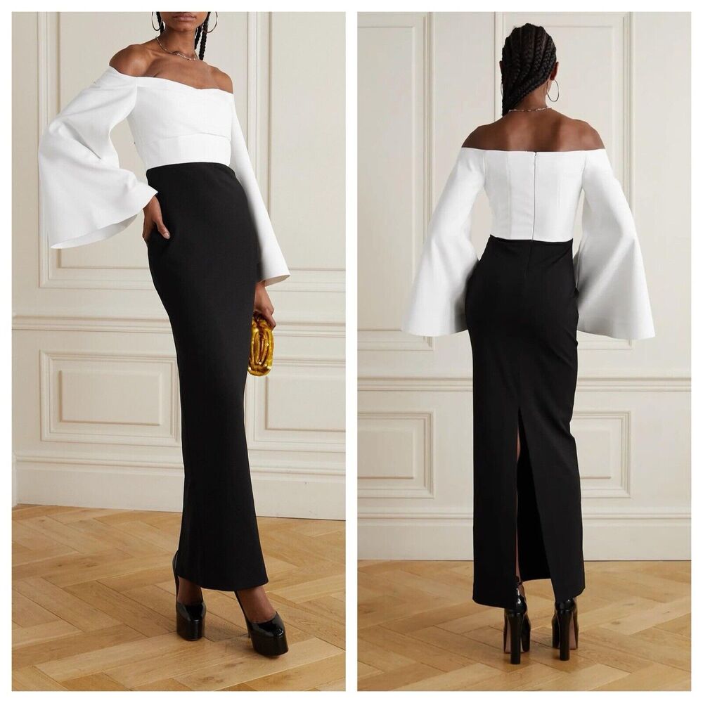 Solace London Eliana Off Shoulder Maxi Dress Black White Color Block Size 0